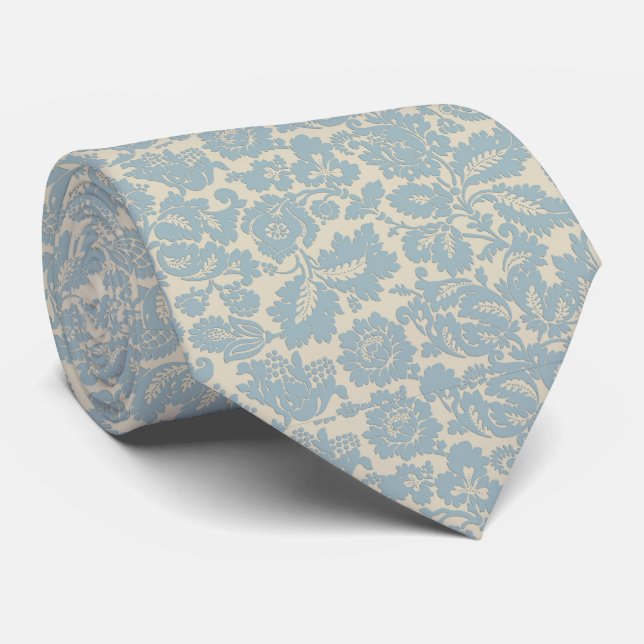 Powder Blue Flowers on Cream Tie (Rolled)