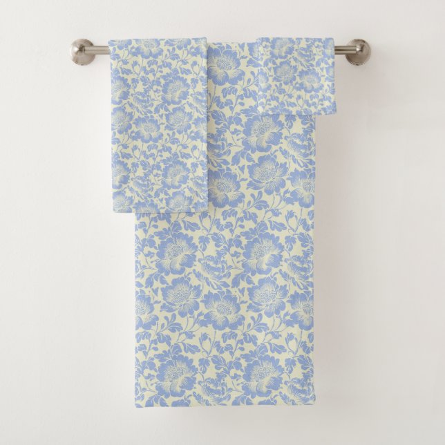 Powder Blue Flowers on Ivory Bath Towel Set (Insitu)