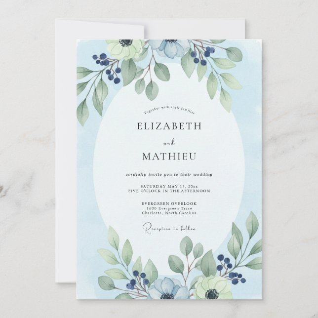 Powder Blue Foliage Eucalyptus Wedding Invitation (Front)