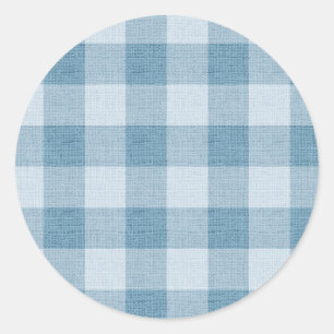 Powder Blue Gingham Buffalo Check Linen Texture Classic Round Sticker