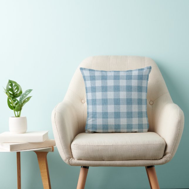 Powder Blue Gingham Buffalo Check Linen Texture Cushion (Chair)