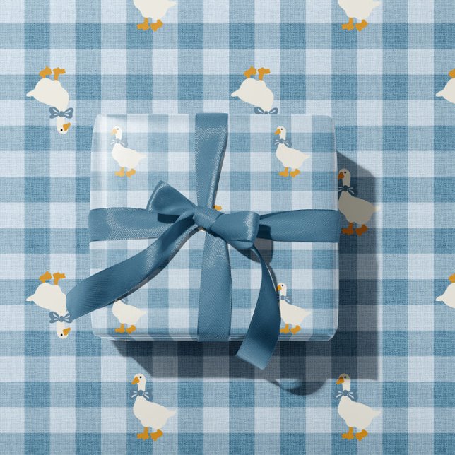 Powder Blue Gingham Goose Baby Shower Buffalo Chec Wrapping Paper (Creator Uploaded)