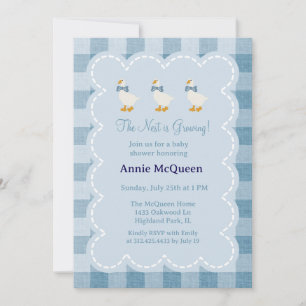 Powder Blue Gingham Goose Baby Shower Invitation