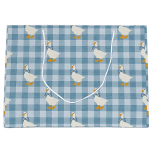 Powder Blue Gingham Goose Linen Texture Large Gift Bag