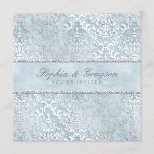 Powder Blue Glimmer Damask Wedding Invite