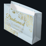 Powder Blue & Gold Lace Elegant Bridesmaid Large Gift Bag<br><div class="desc">This beautiful gift bag is designed as a wedding gift or favour bag for Bridesmaids. It features an elegant powder blue and gold design with golden lace frills in the corners the text "Bridesmaid" as well as a place to enter her name, the couple's name, and the wedding date. Fill...</div>