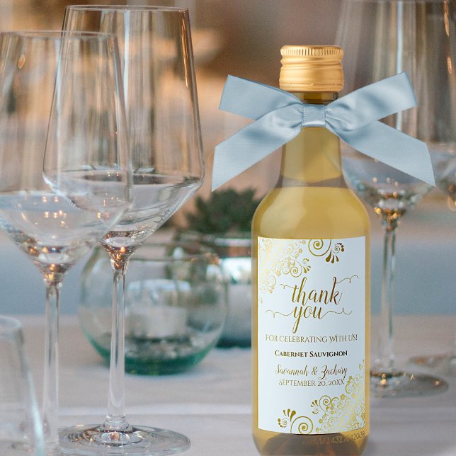 Powder Blue & Gold Lace Wedding Thank You Mini Wine Label (Creator Uploaded)