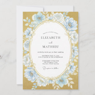 Powder Blue Gold Rose Wedding Invitation