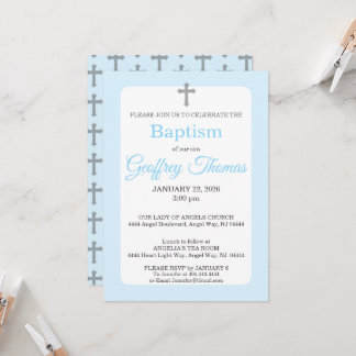Powder Blue & Gray Cross Watercolor Baptism Invitation