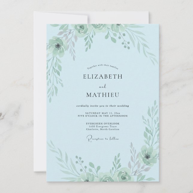 Powder Blue Greenery Wedding Invitation (Front)