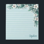Powder Blue Greenery & White Flowers Lined Notepad<br><div class="desc">Personalised lined notepad in powder blue with greenery in morning green and light shades of teal with tiny baby's breath and white flowers. Add your name in the bottom right corner in a hand-writing script. Or add the name of the person who'll receive the notepad if you're gifting it to...</div>