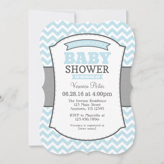 Powder Blue Grey Chevron Baby Shower Invitation (Front)