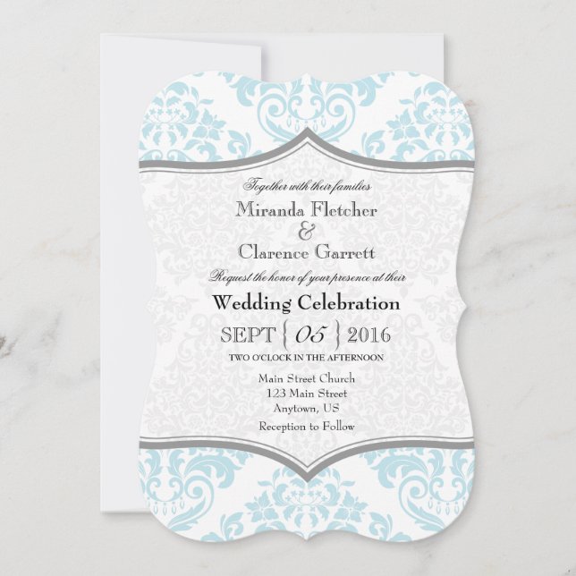 Powder Blue Grey Damask Bracket Wedding Invite (Front)