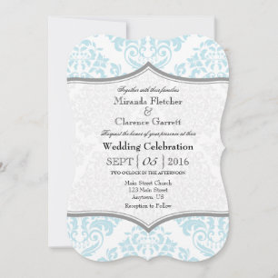Powder Blue Grey Damask Bracket Wedding Invite