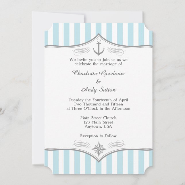 Powder Blue Grey Nautical Wedding Invitation (Front)