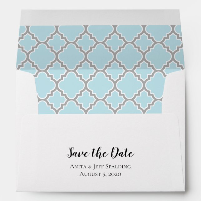 Powder Blue Grey Quatrefoil Save The Date Envelope (Back (Bottom))