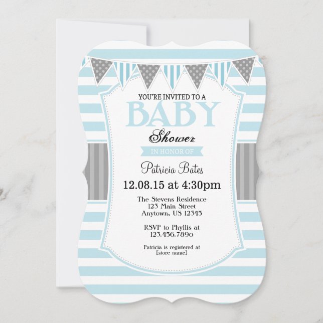 Powder Blue Grey Stripes Baby Shower Invitation (Front)