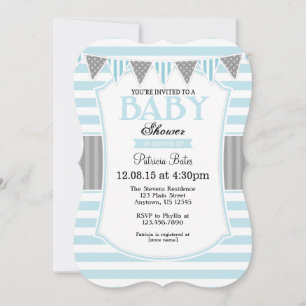 Powder Blue Grey Stripes Baby Shower Invitation
