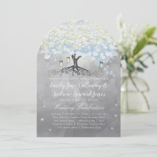 Powder Blue Heart Leaf Tree Woodsy Boho Wedding Invitation