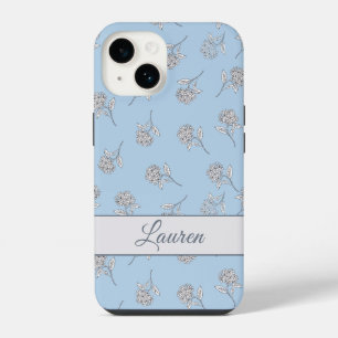 Powder Blue Hydrangea Floral Pattern Monogram iPhone 14 Case