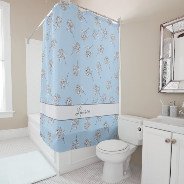 Powder Blue Hydrangea Floral Pattern Monogram Shower Curtain (In Situ)
