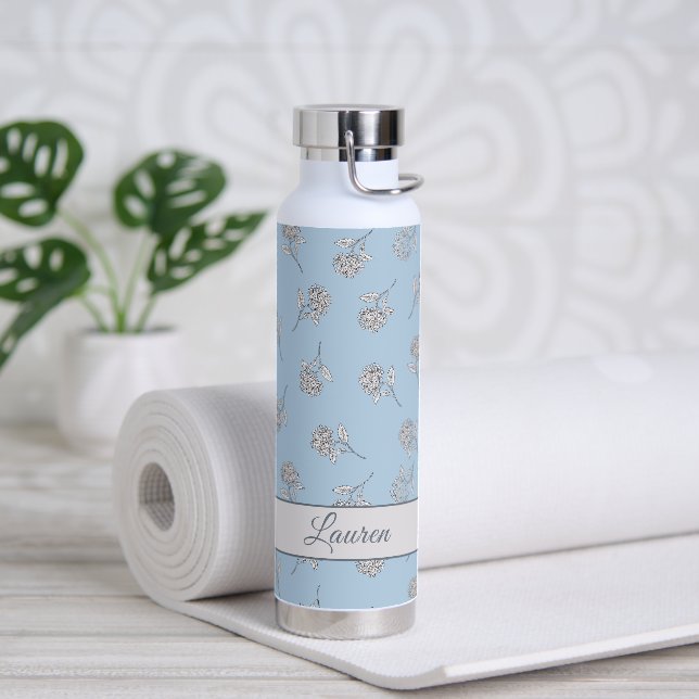 Powder Blue Hydrangea Floral Pattern Monogram  Water Bottle (Yoga)