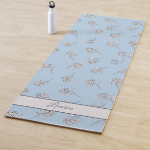 Powder Blue Hydrangea Floral Pattern Monogram Yoga Mat