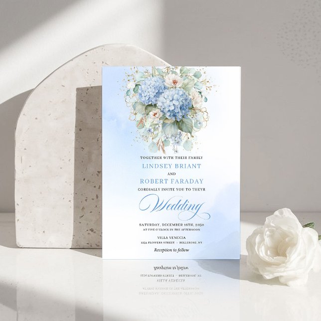 Powder Blue Hydrangea Gold Floral Wedding Invites (Powder Blue Hydrangea Gold Floral Wedding Invitation)