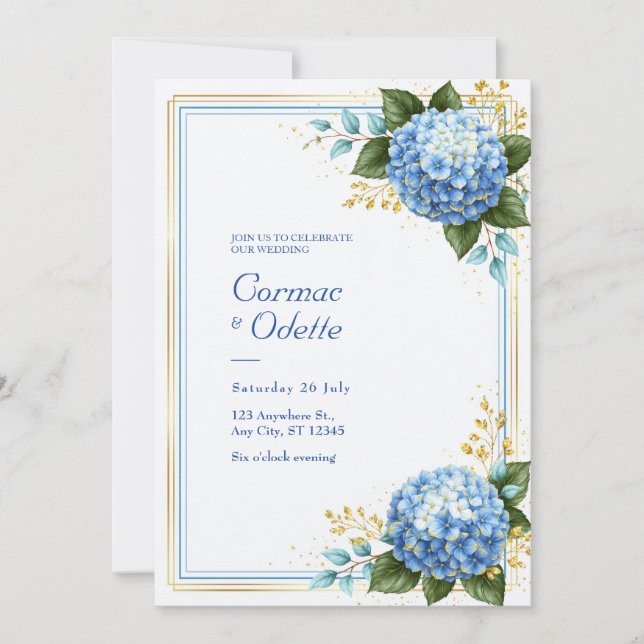 Powder Blue Hydrangea Gold Foil Romance Wedding Invitation (Front)