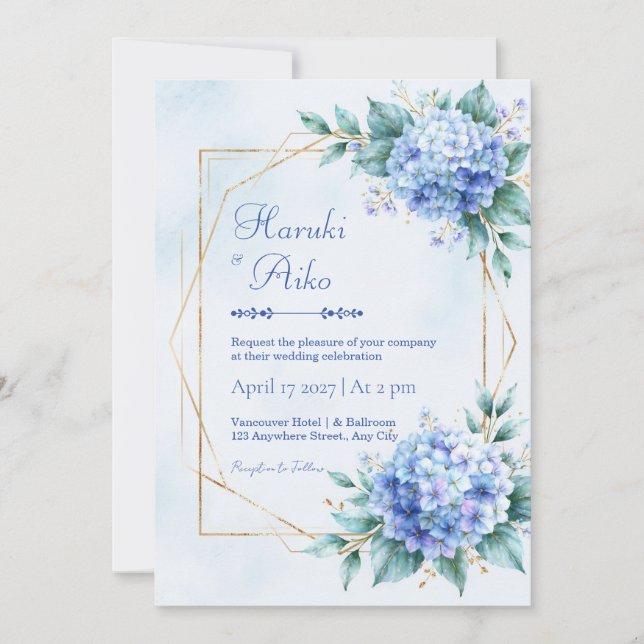 Powder Blue Hydrangea Gold Wedding Invitation (Front)