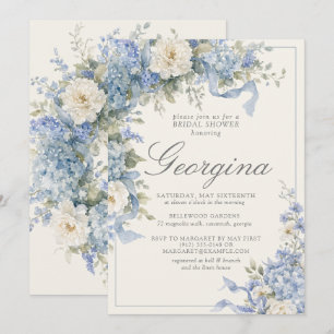 Powder Blue Hydrangea Ivory Monogram Bridal Shower Invitation
