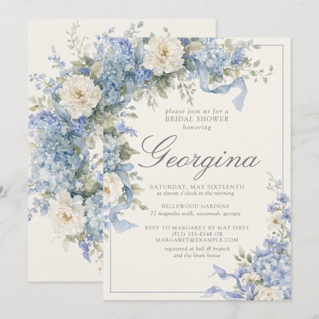 Powder Blue Hydrangea Ivory Monogram Bridal Shower Invitation (Front/Back)