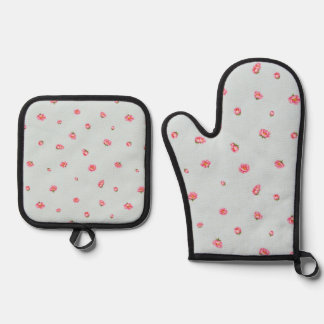 Powder Blue Japanese Winter Peony Floral Pattern Oven Mitt & Pot Holder Set
