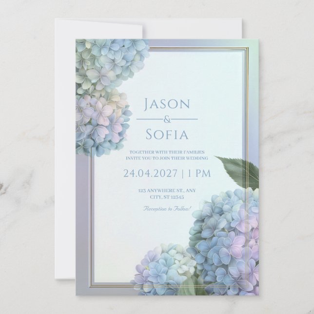 Powder Blue Lavender Hydrangea Gold Frame Wedding Invitation (Front)