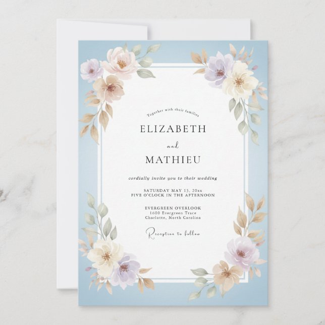 Powder Blue Lavender Ranunculus Eucalyptus Wedding Invitation (Front)