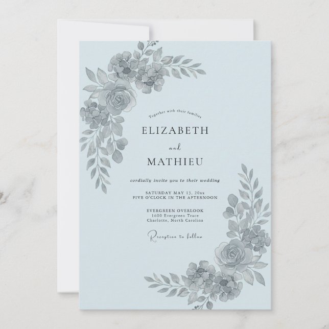 Powder Blue Leafy Wedding Invitation (Front)