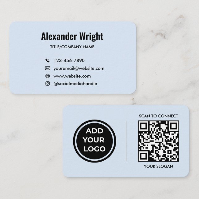 Powder Blue Logo Scan Code Contact Business Card  (Front/Back)