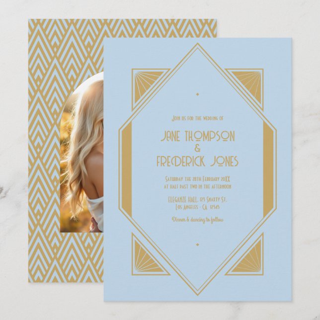 Powder Blue & Metallic Gold Art Deco Wedding Photo Invitation (Front/Back)