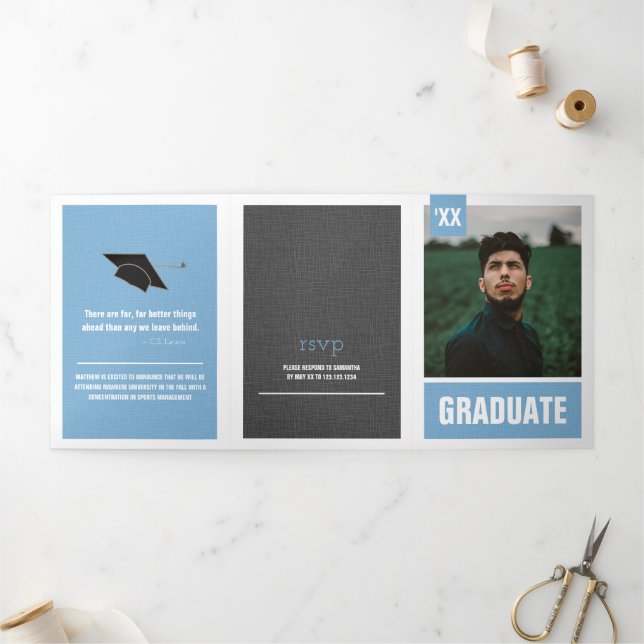 Powder Blue Modern Textured Photo Graduation Tri-Fold Invitation (Outside)