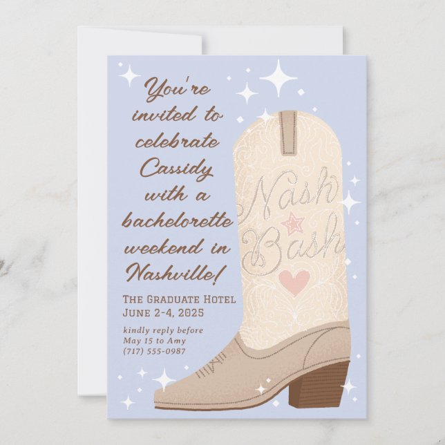 Powder Blue Nash Bash Cowgirl Boot Bachelorette Invitation (Front)