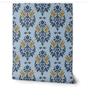 Powder Blue, Navy and Ochre Floral Bird Damask Wallpaper
