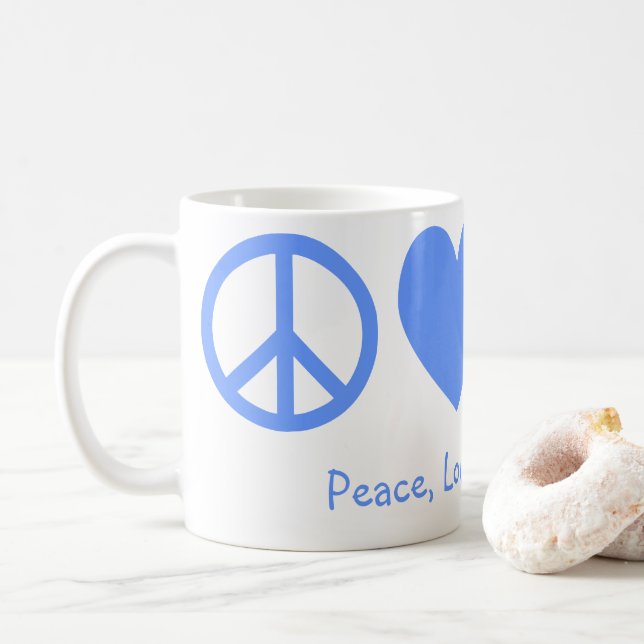 Powder Blue Peace, Love and Bicycles Coffee Mug (With Donut)