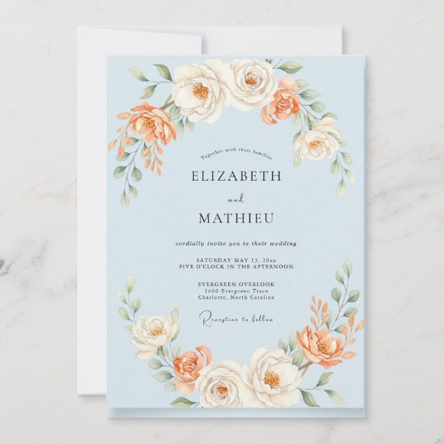 Powder Blue Peach Painted Wedding Invitation (Front)