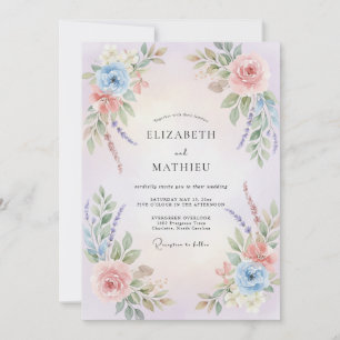 Powder Blue Peach Ranunculus Eucalyptus Wedding Invitation