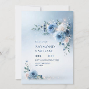 Powder Blue Peony Floral Corner Wedding Invitation