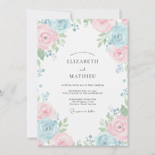 Powder Blue Pink Petal Wedding Invitation