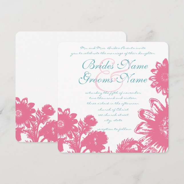 Powder Blue & Pink Vintage Floral Wedding Invite (Front/Back)