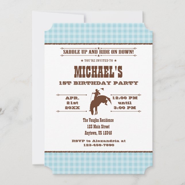 Powder Blue Plaid Cowboy Rodeo Birthday Invitation (Front)