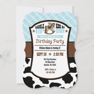 Powder Blue Plaid Cowhide Cowboy Birthday Invite