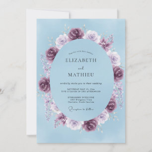 Powder Blue Plum Ranunculus Eucalyptus Wedding Invitation